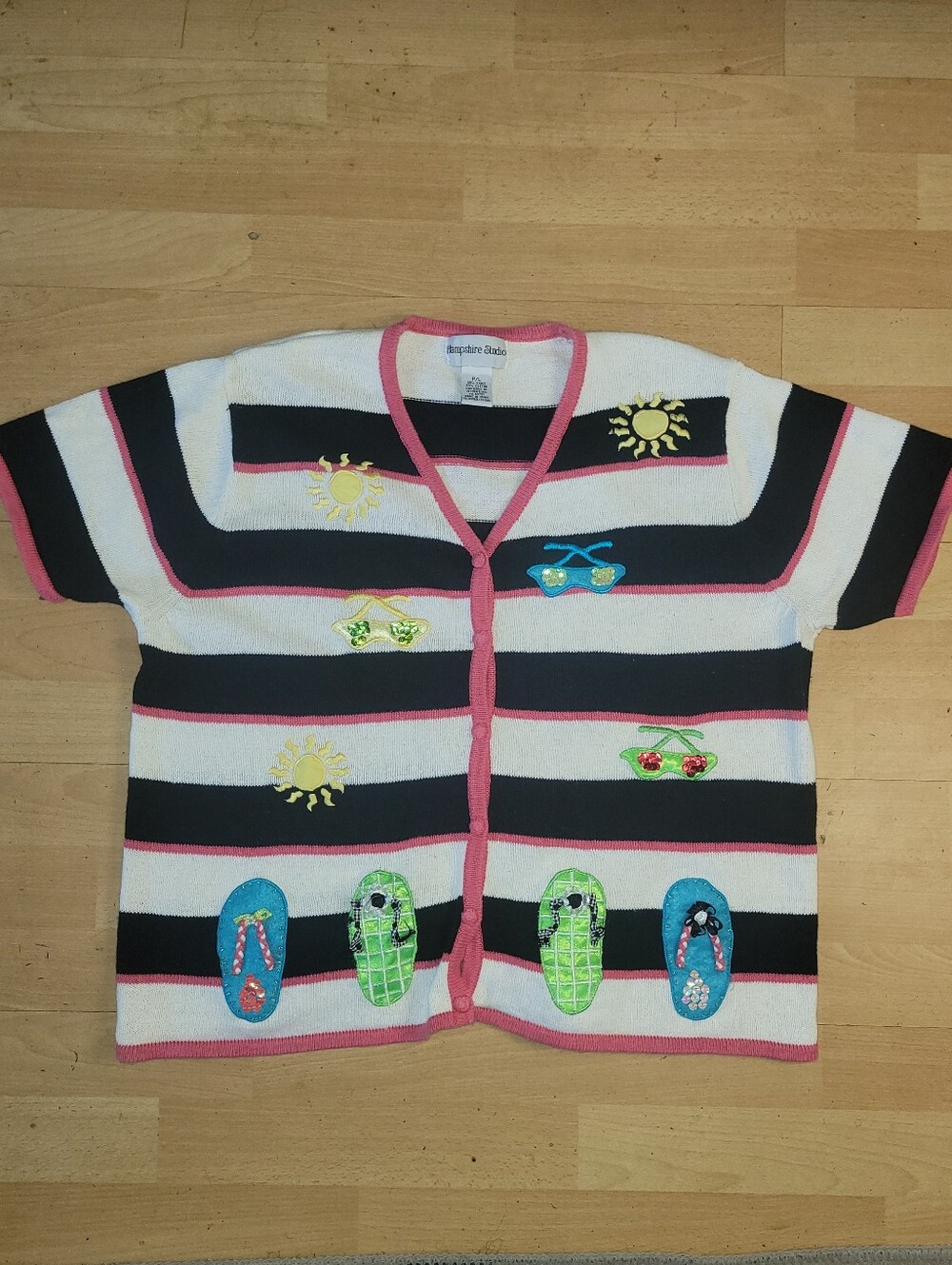 Striped Short-Sleeve Cardigan with Pink Trim and Summer Appliqués